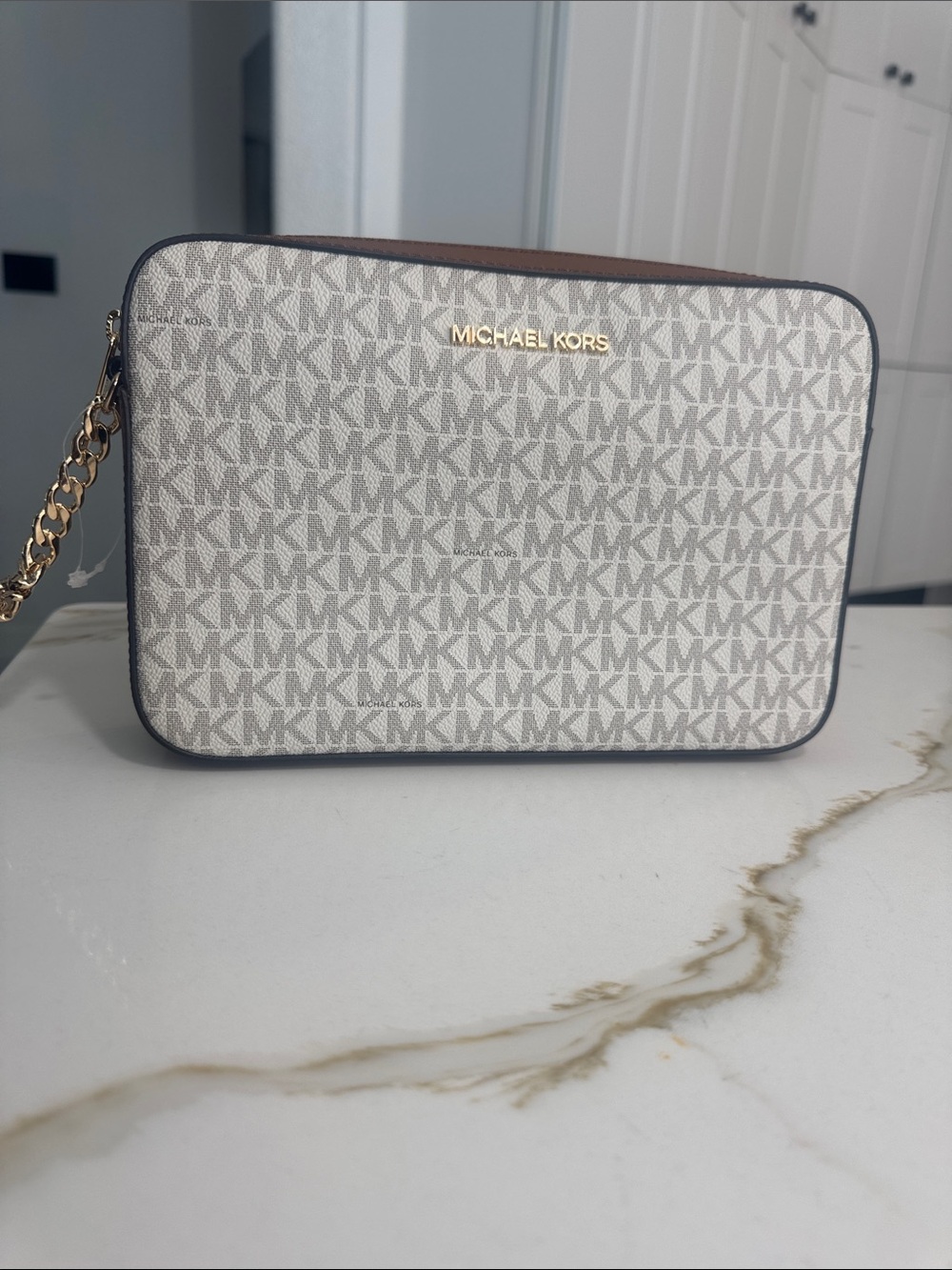 Michael Kors Beige Logo Crossbody with Brown Trim and Gold Hardware